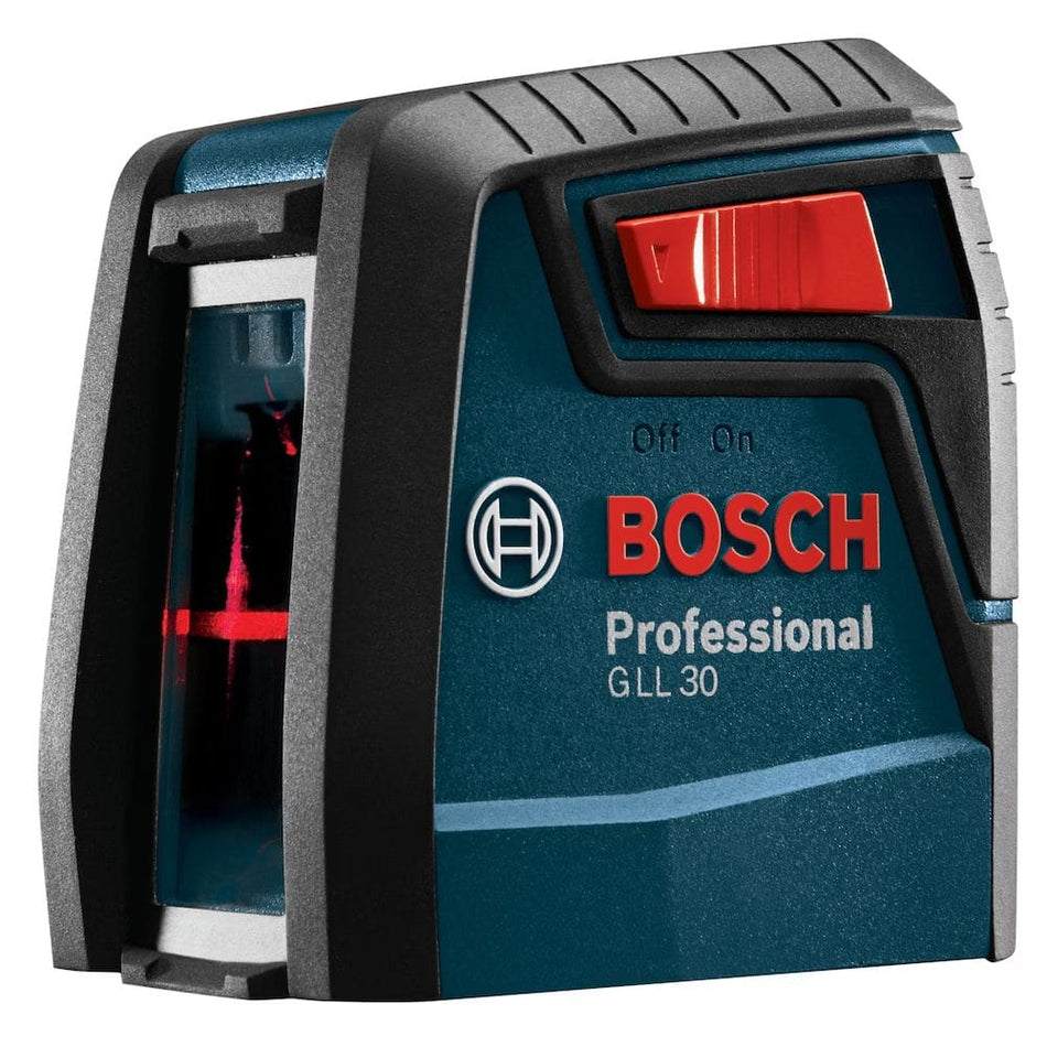 A studio product shot of the Bosch GLL 30 professional self-leveling cross-line laser level featuring a compact, ruggedized blue and black housing with a sliding red power switch.