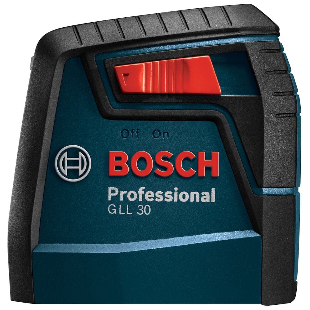 A direct side profile view of the Bosch GLL30 professional laser level highlighting the large red sliding power switch and professional branding on the durable blue and black jobsite-ready housing.