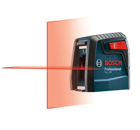 A perspective studio view of the Bosch professional GLL30 red beam laser level showing the vertical and horizontal aperture windows used to project high-visibility 30-foot laser lines for alignment.