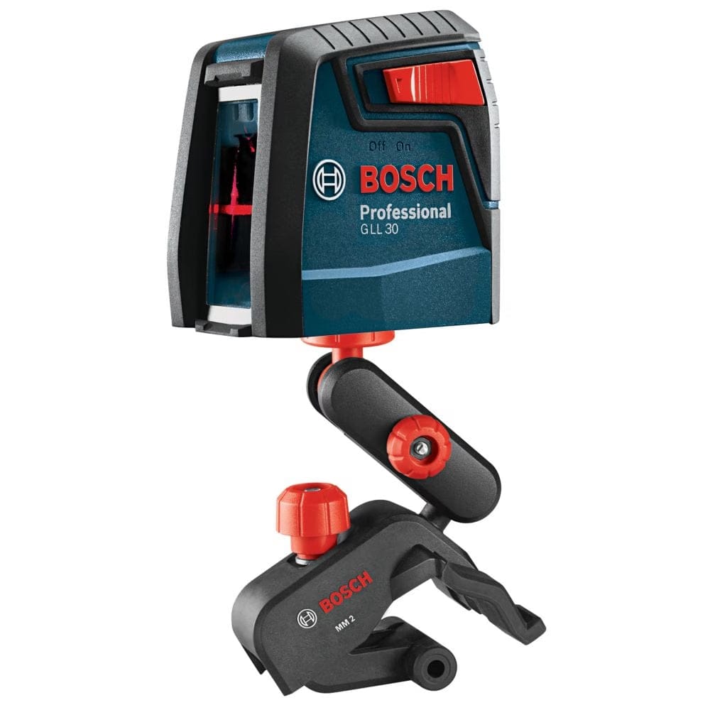 A studio shot of the Bosch GLL30 red beam laser level mounted on the included MM 2 flexible mounting device, showcasing the tool's ability to be adjusted via a rotating 360-degree neck and micro-fine knob.