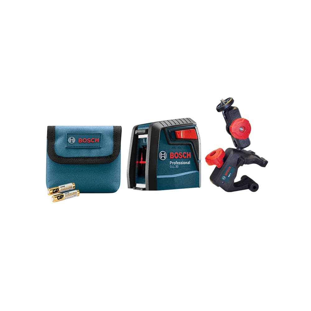A product kit shot showing the Bosch GLL30 cross-line laser level alongside its included accessories: a blue heavy-duty protective pouch, two AA batteries, and the MM 2 flexible mounting device.