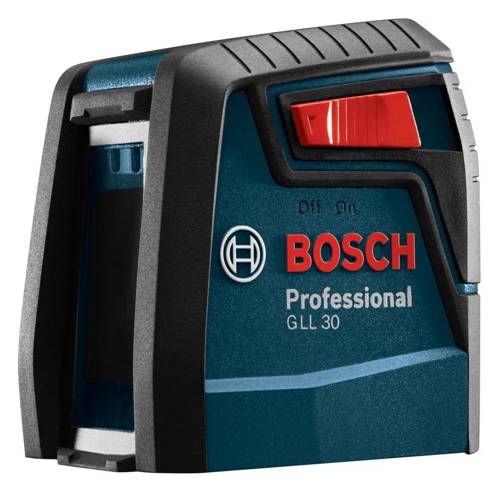 A side-facing studio shot of the Bosch GLL30 laser level emphasizing the compact, ergonomic design and the aperture windows used to project bright red self-leveling cross-lines.