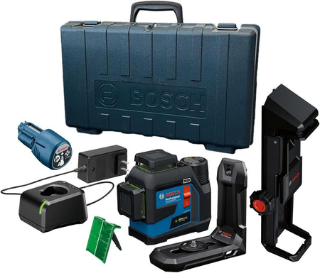 Bosch 360 Green Beam laser level kit contents displayed on a white background, including a hard carrying case, the laser unit, a magnetic mounting bracket, a green laser target plate, a battery charger, a 12V Max battery, and an AA battery adapter.