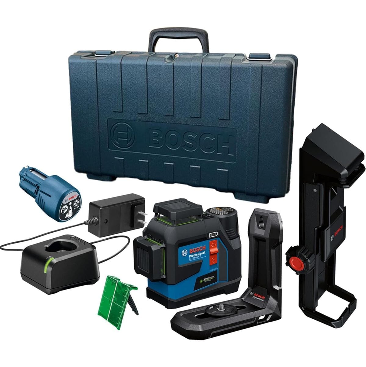 Bosch 360 Green Beam laser level kit contents displayed on a white background, including a hard carrying case, the laser unit, a magnetic mounting bracket, a green laser target plate, a battery charger, a 12V Max battery, and an AA battery adapter.