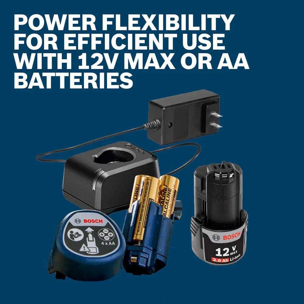 A display of the tool's power options, showing a plugged-in battery charger, a set of AA batteries inside an adapter, and a 12V Max Li-Ion battery, under the text Power Flexibility for efficient use with 12V Max or AA Batteries.