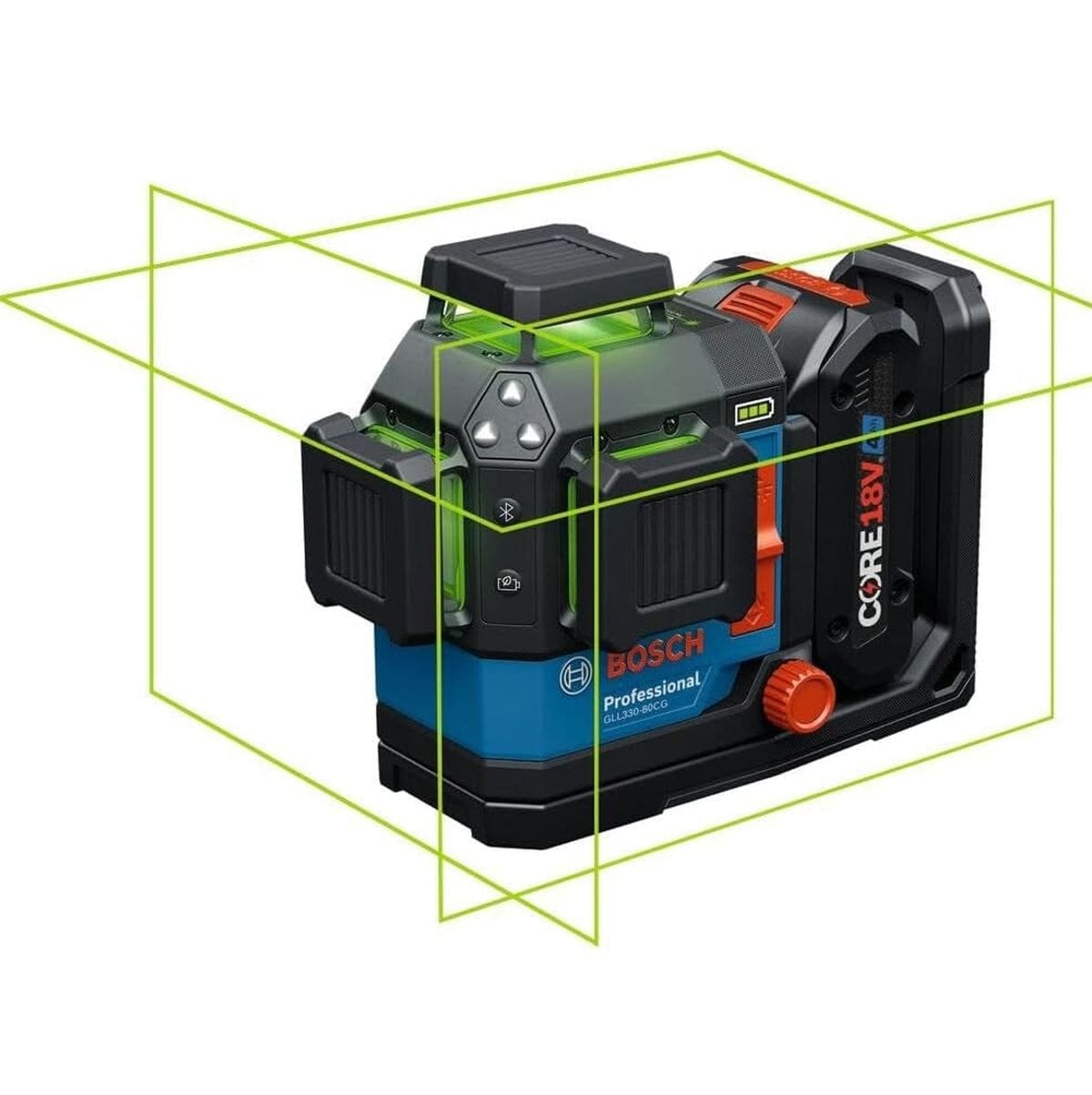 Studio shot of the Bosch 18V laser level showing three 360-degree green laser planes and the attached battery against a white background