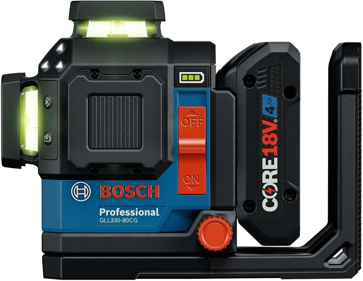 Side view of the tool highlighting the intuitive keypad, large red vertical on/off switch, and the Core18V 4Ah battery