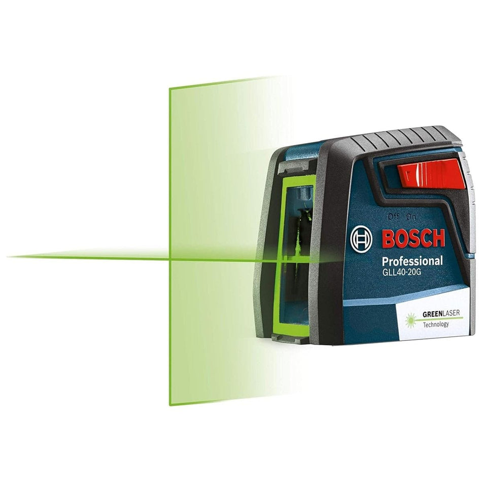 A studio shot of the Bosch GLL40-20G self-leveling cross-line laser tool projecting bright green vertical and horizontal laser lines, demonstrating professional-grade green beam technology for high visibility.
