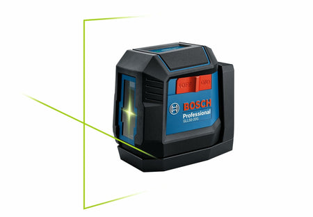 Bosch GLL50-20GL-RT laser level projecting green horizontal and vertical lines, with compact casing and labeled control buttons.