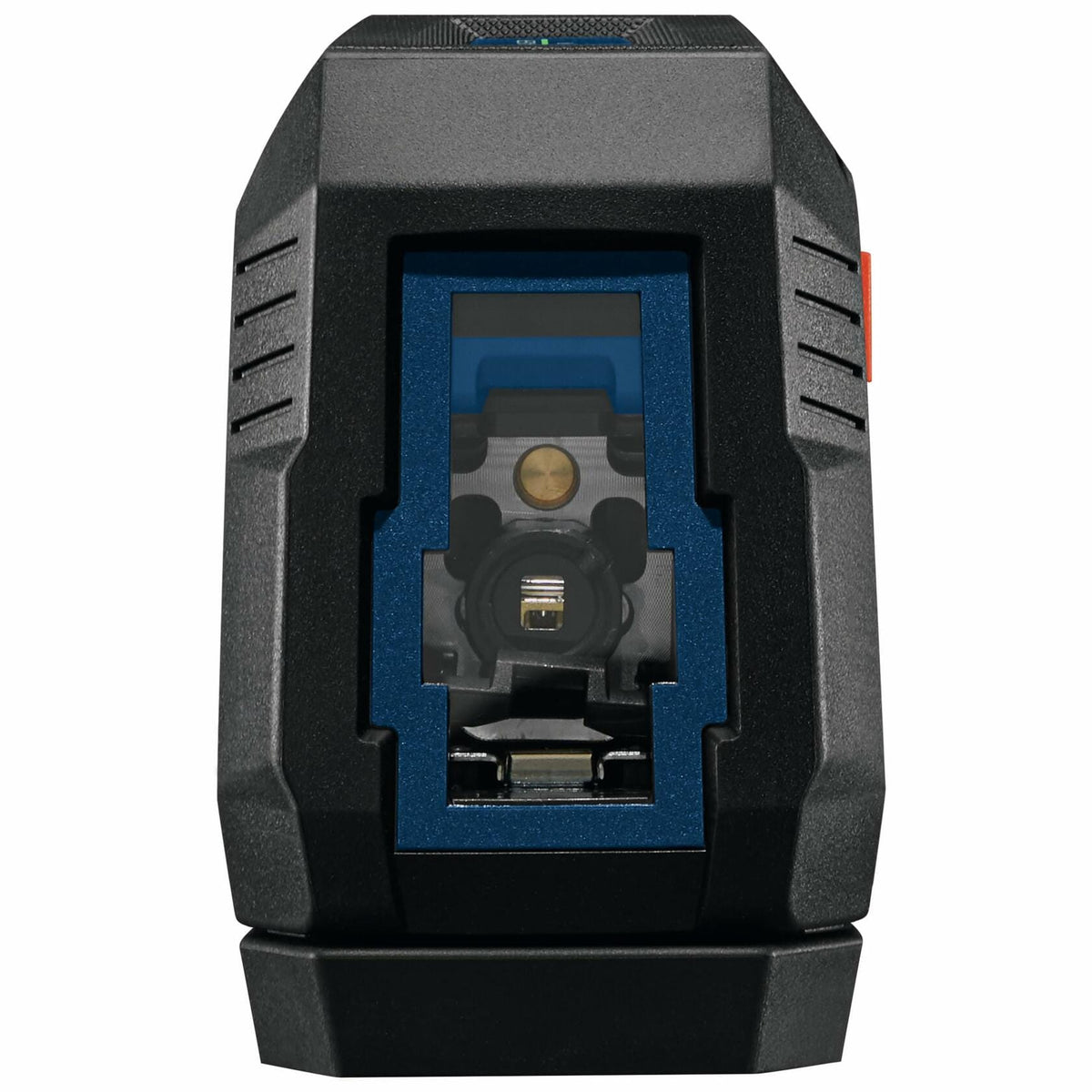 Close-up of Bosch laser level front face showing mounting slot, latch mechanism, and rugged casing for jobsite durability.