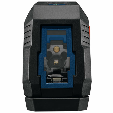 Close-up of Bosch laser level front face showing mounting slot, latch mechanism, and rugged casing for jobsite durability.