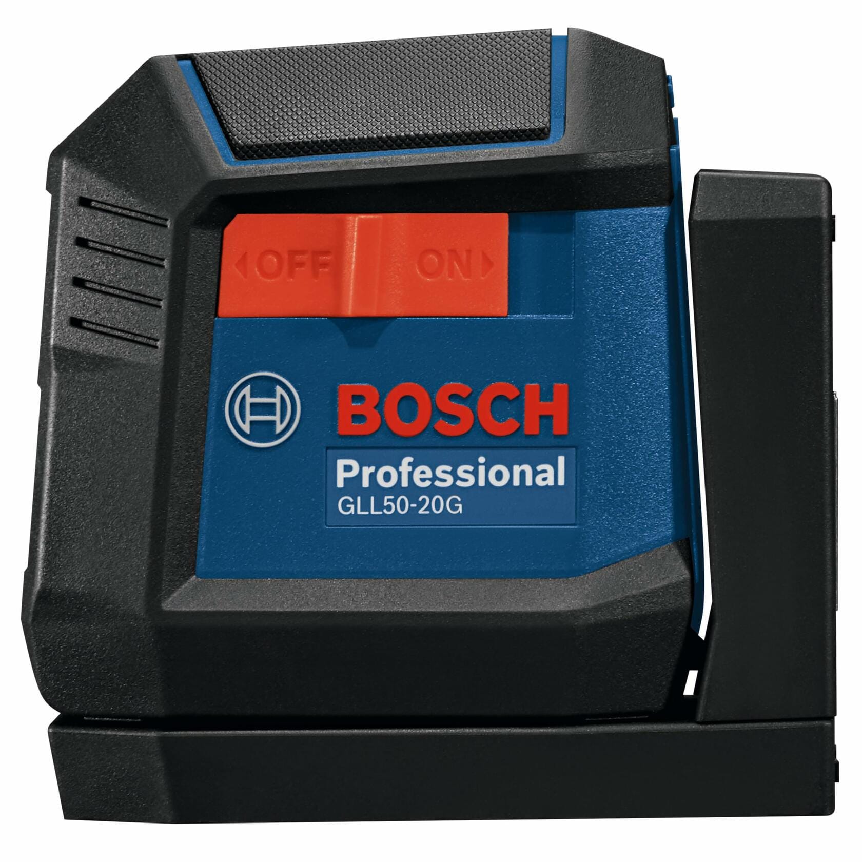 Front view of Bosch laser level emitter with visible lens and rugged casing, designed for projecting precise alignment beams.