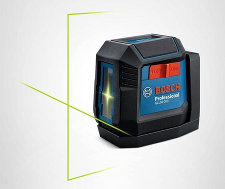 Studio view of the Bosch GLL50-20GL cross-line laser, featuring a rugged black and blue housing with a side-mounted red power switch and a bright green laser cross projected forward.