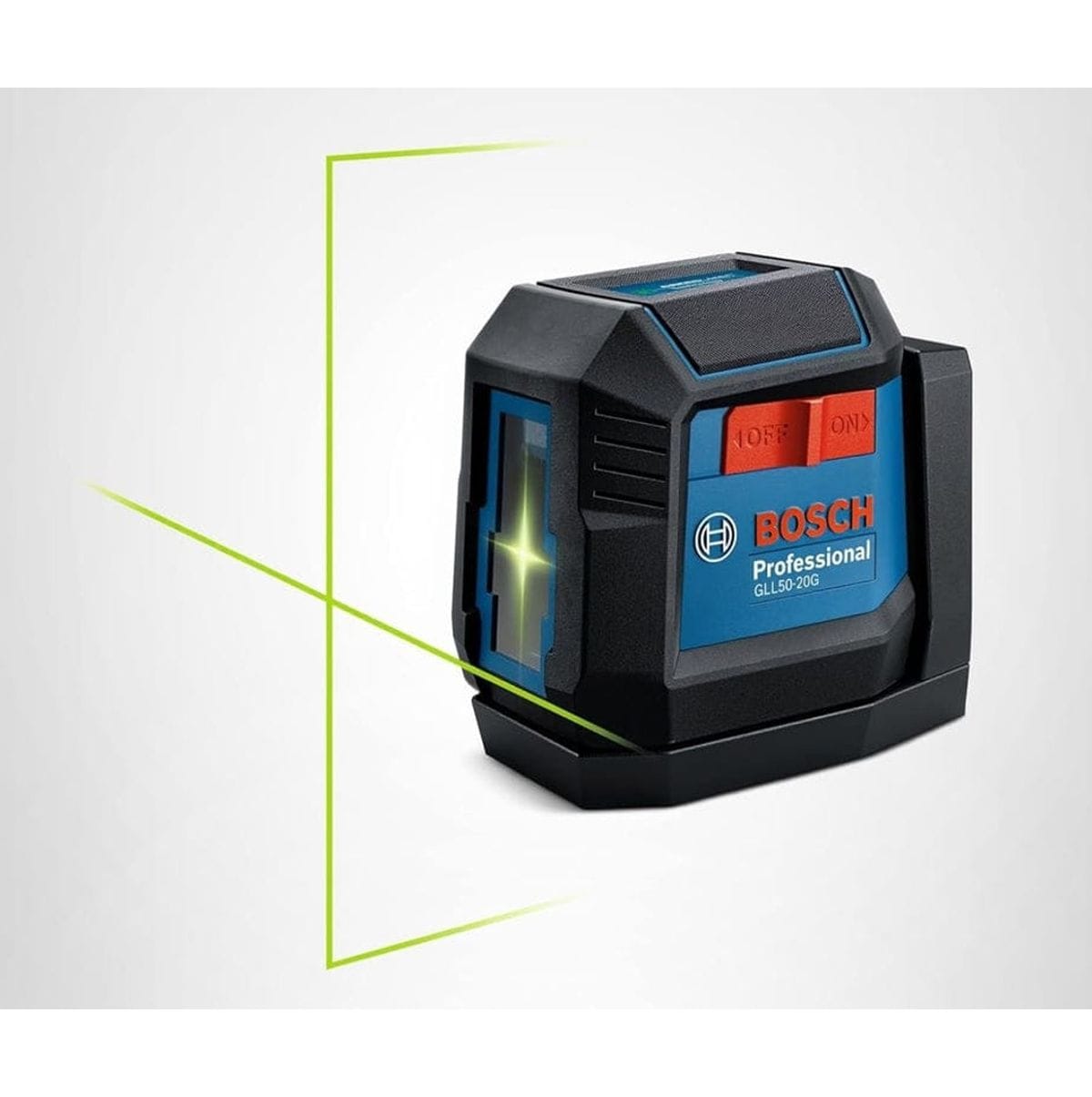 Studio view of the Bosch GLL50-20GL cross-line laser, featuring a rugged black and blue housing with a side-mounted red power switch and a bright green laser cross projected forward.