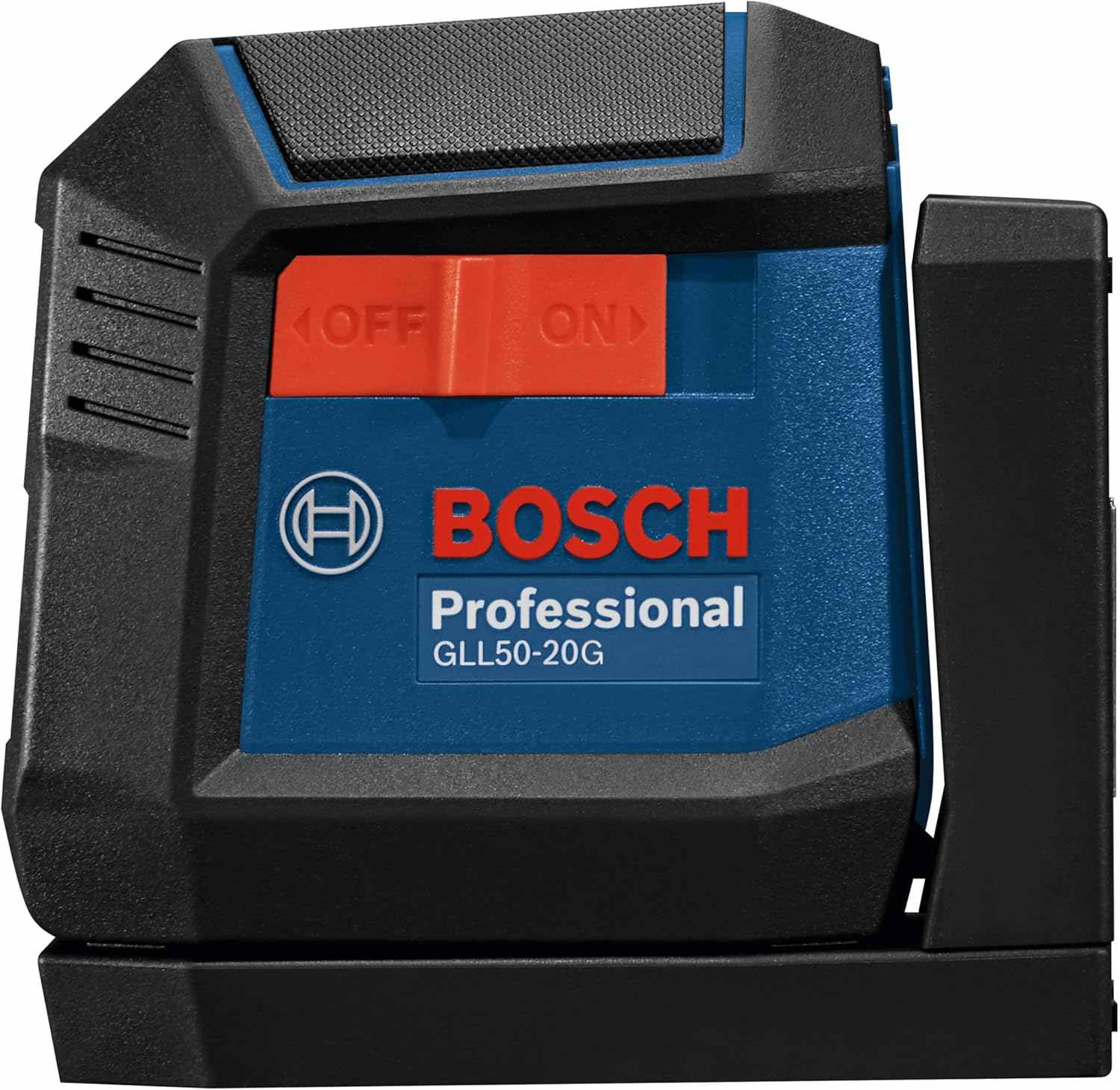 Close-up front view of the laser level showing the large red sliding on-off switch and the Bosch Professional branding on the blue housing.