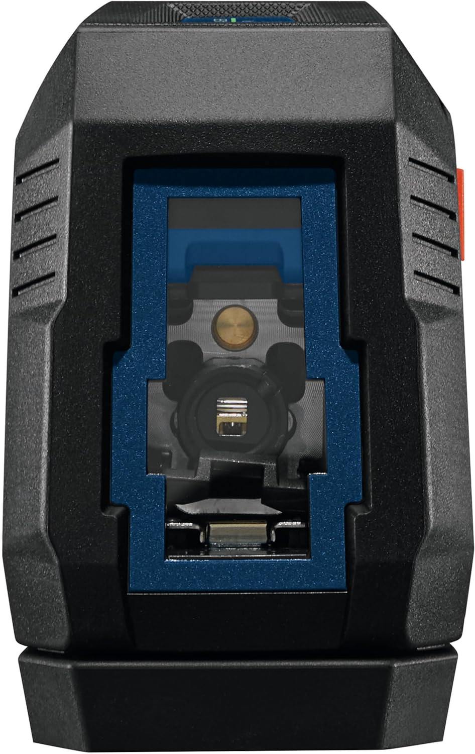 Direct front view of the laser aperture, revealing the internal self-leveling pendulum mechanism protected by the recessed housing window.