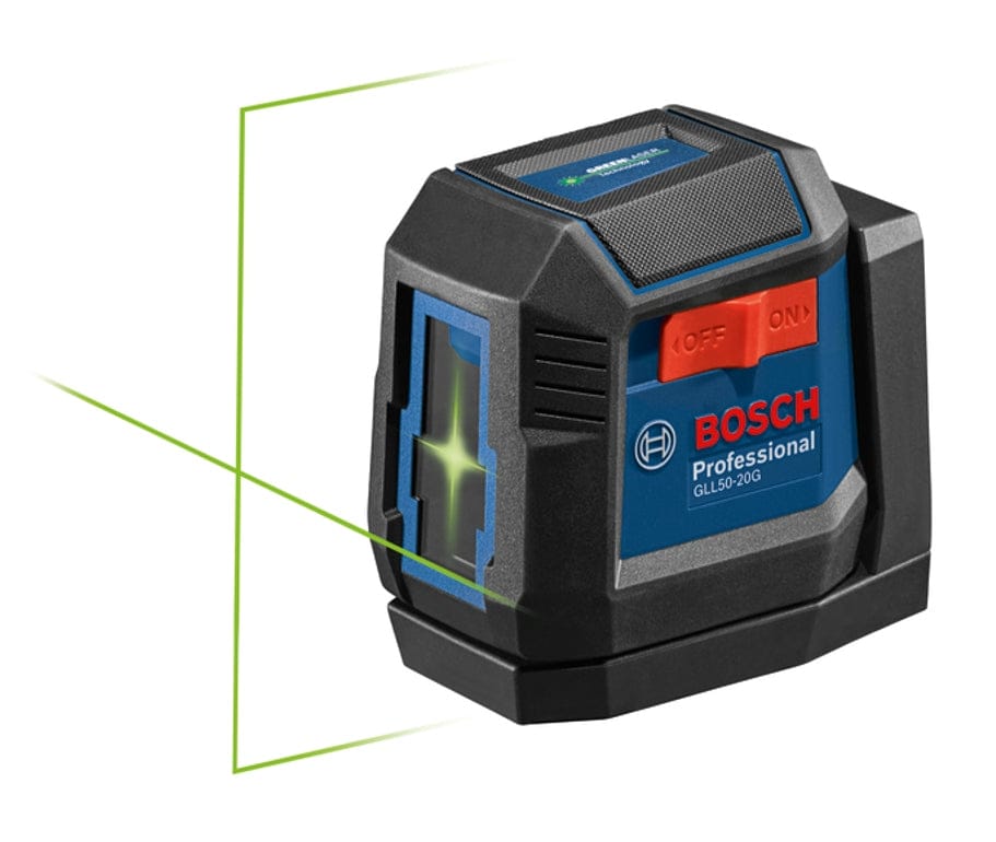 Bosch GLL 50-20G laser level emitting green cross-line beams; rugged casing with red switch and model number visible