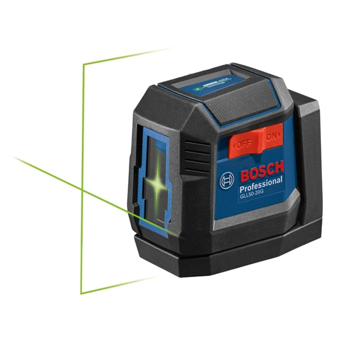 Bosch GLL 50-20G laser level emitting green cross-line beams; rugged casing with red switch and model number visible
