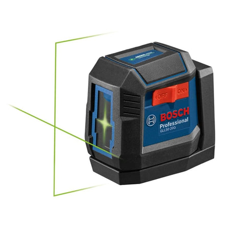 Bosch GLL 50-20G laser level emitting green cross-line beams; rugged casing with red switch and model number visible