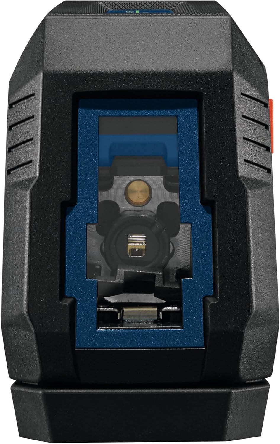 Front view of Bosch laser level with visible lens, green indicator light, and red side button for operation.