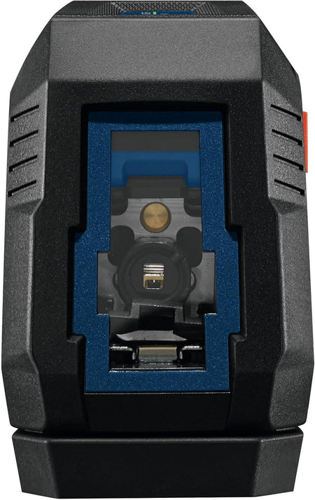 Front view of Bosch laser level with visible lens, green indicator light, and red side button for operation.