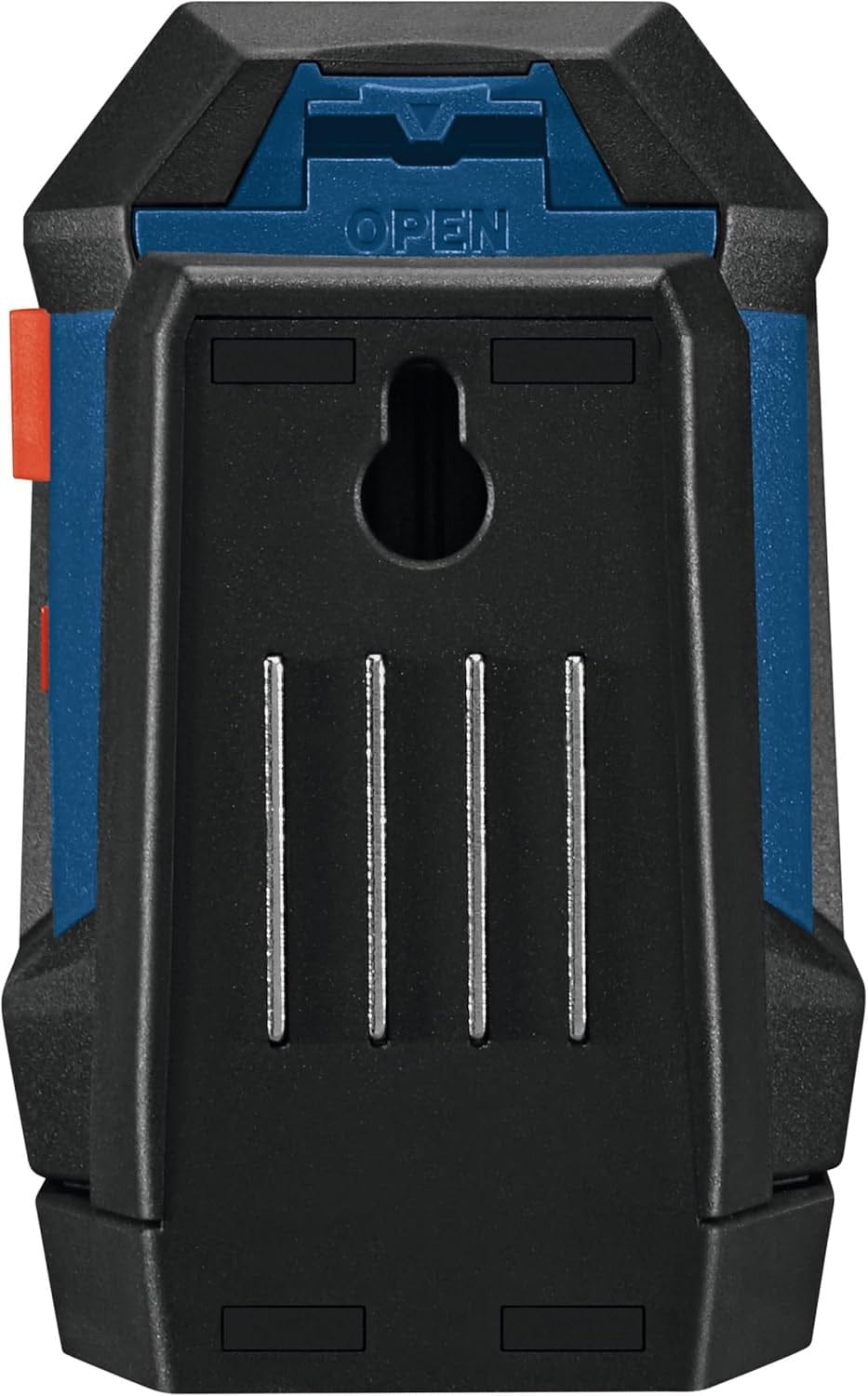 Rear view of Bosch laser level showing mounting slot, battery compartment latch, and red power switch for device setup.