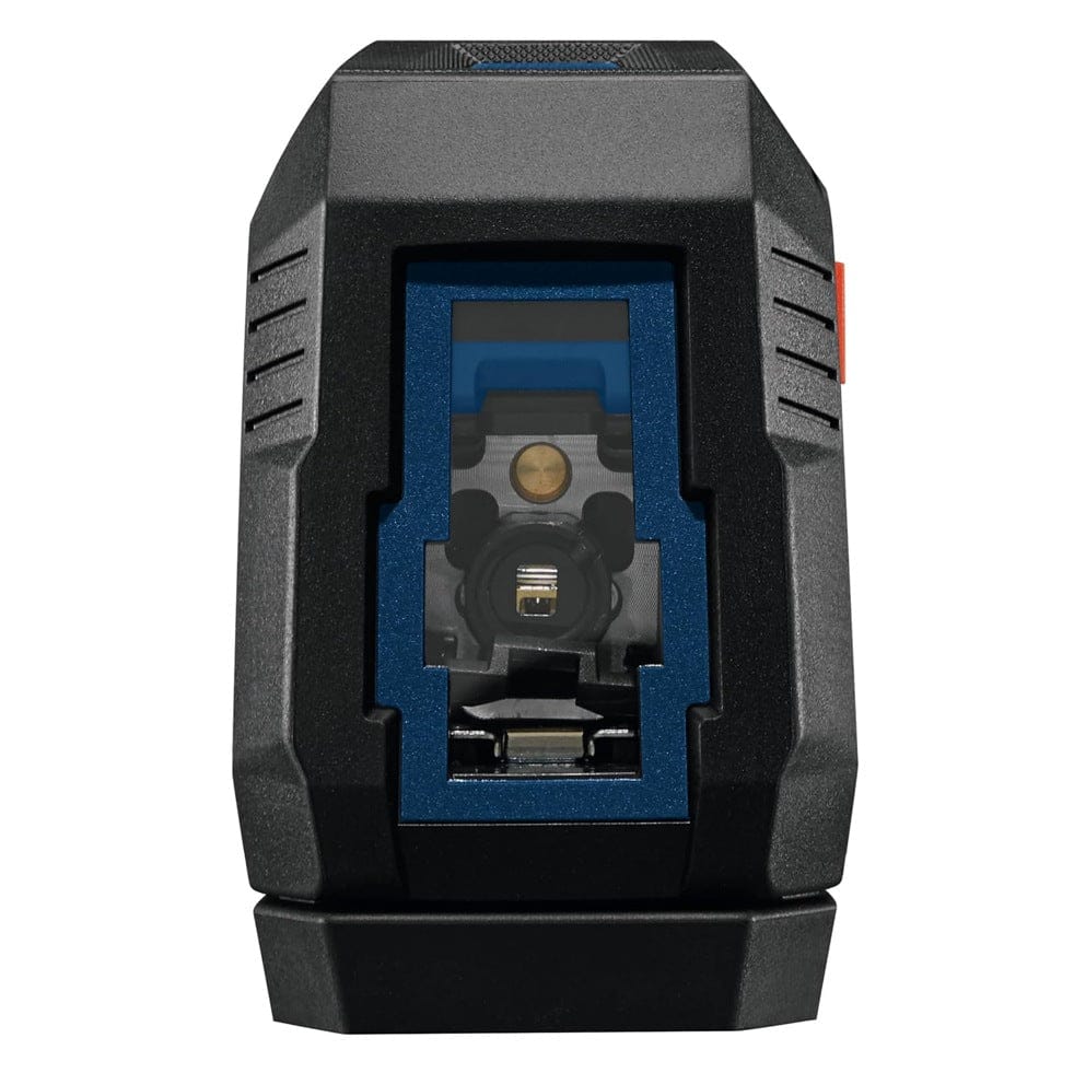 Front-facing view of the Bosch GLL50-20 laser level showing the vertical laser aperture and the internal diode components protected by a rugged blue and black housing.
