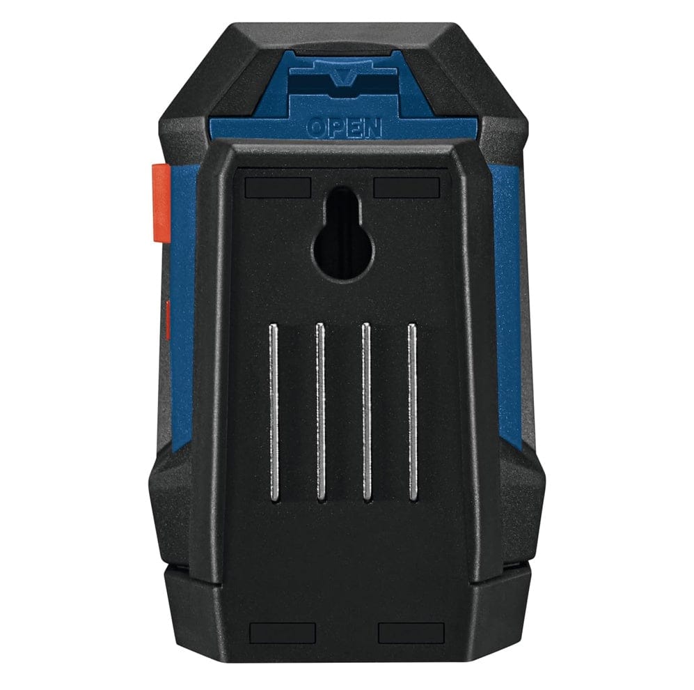 Rear view of the Bosch GLL50-20 laser tool showing the integrated magnetic mount with a built-in keyhole for hanging and the battery compartment access.
