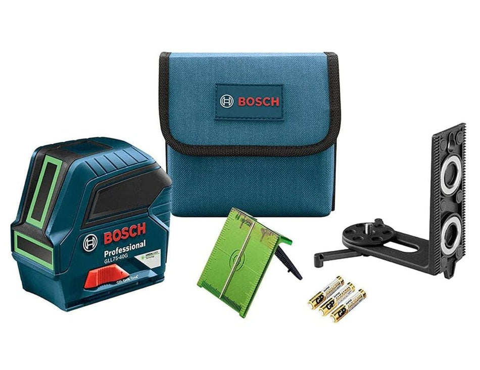 A comprehensive product kit for the Bosch GLL75-40G green beam self-leveling cross-line laser including the professional laser level tool, a blue heavy-duty carrying pouch, a magnetic L-mount positioning device, a green laser target plate, and three AA batteries.