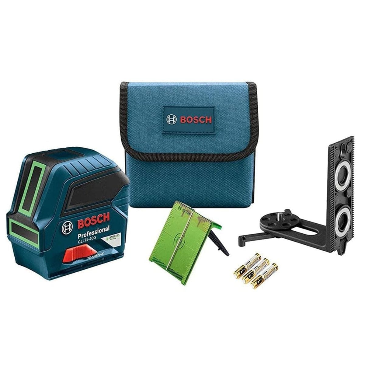 A comprehensive product kit for the Bosch GLL75-40G green beam self-leveling cross-line laser including the professional laser level tool, a blue heavy-duty carrying pouch, a magnetic L-mount positioning device, a green laser target plate, and three AA batteries.