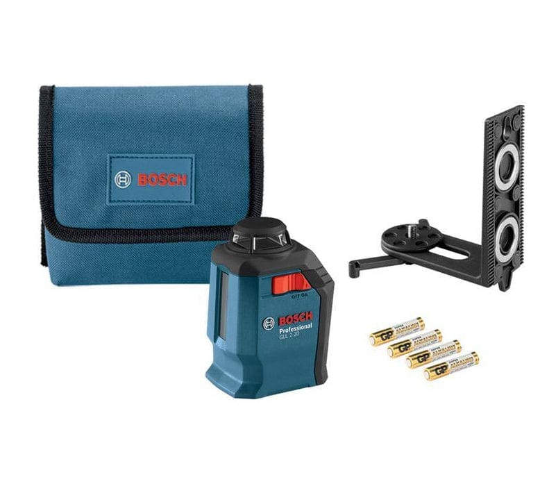 Bosch GLL 2-20 S-RT reconditioned laser level kit contents including the 360-degree self-leveling laser unit, BM3 positioning mount, four AA batteries, and a blue carrying pouch.
