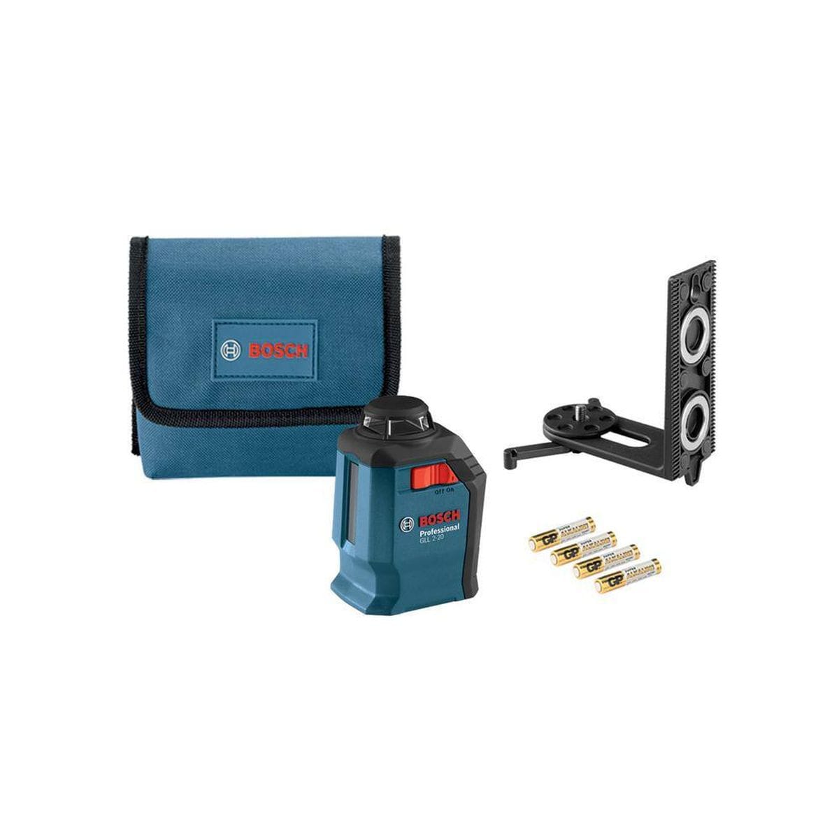 Bosch GLL 2-20 S-RT reconditioned laser level kit contents including the 360-degree self-leveling laser unit, BM3 positioning mount, four AA batteries, and a blue carrying pouch.