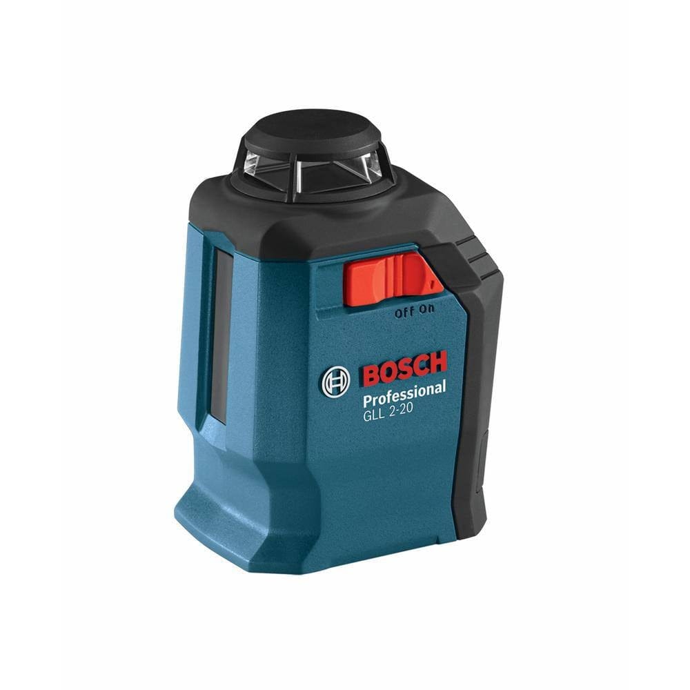 Studio shot of the Bosch GLL 2-20 professional laser level unit in blue and black with the red power slider in the off position.