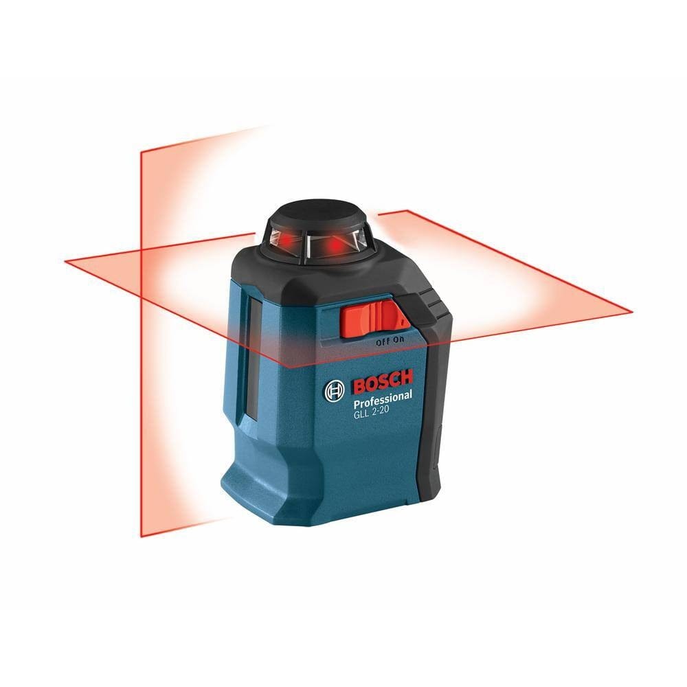 The Bosch GLL 2-20 laser level unit projecting bright red 360-degree horizontal and 120-degree vertical intersecting laser lines.