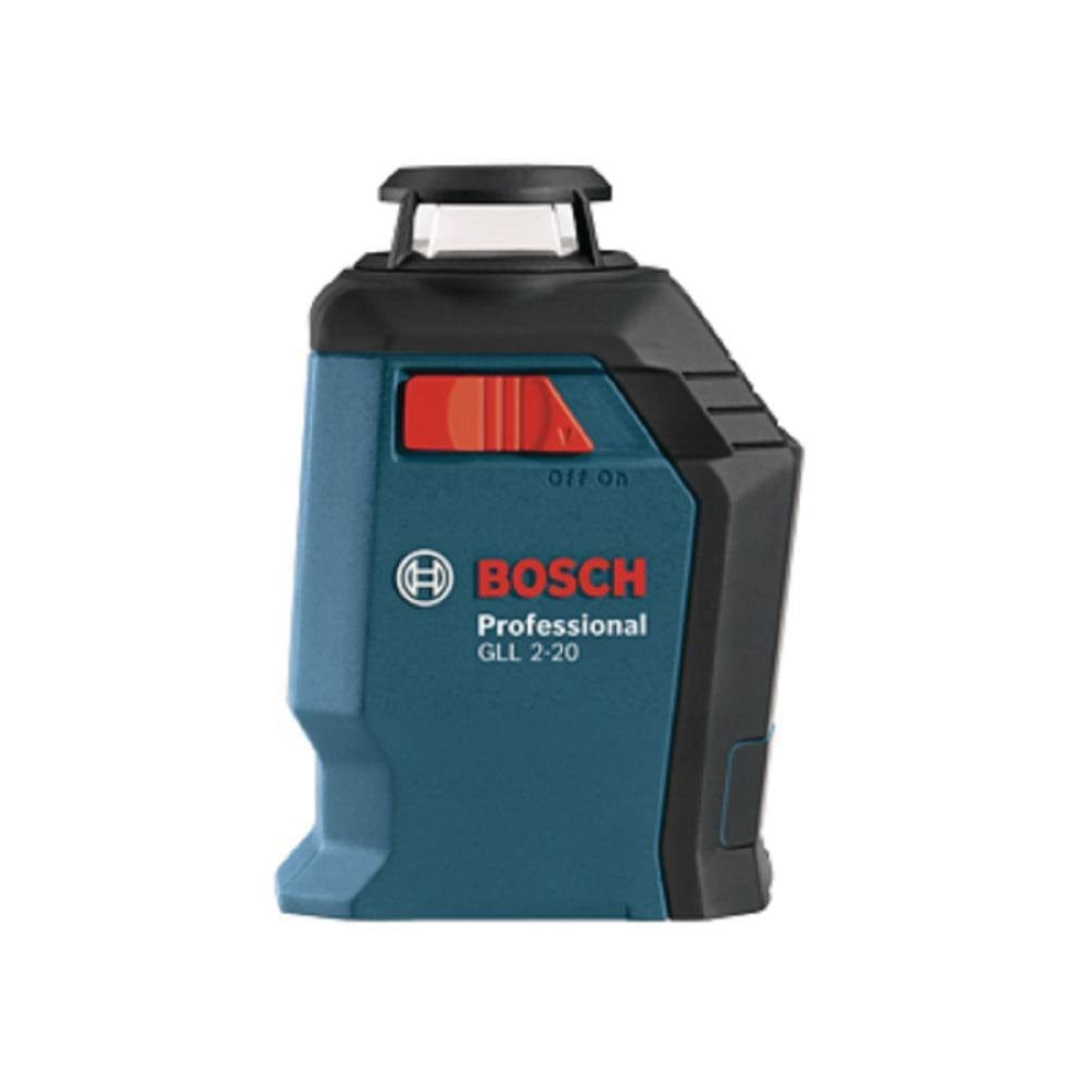 Side profile view of the blue and black Bosch GLL 2-20 self-leveling laser level showing the professional series branding and red activation switch.