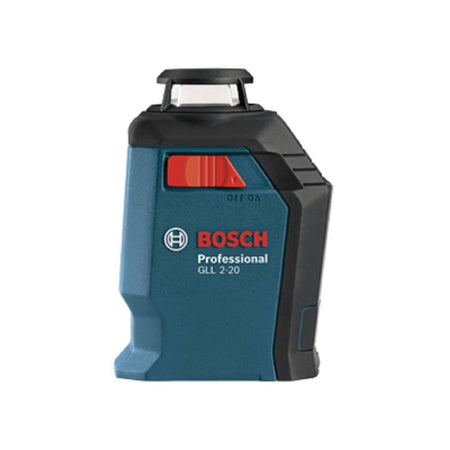 Side profile view of the blue and black Bosch GLL 2-20 self-leveling laser level showing the professional series branding and red activation switch.