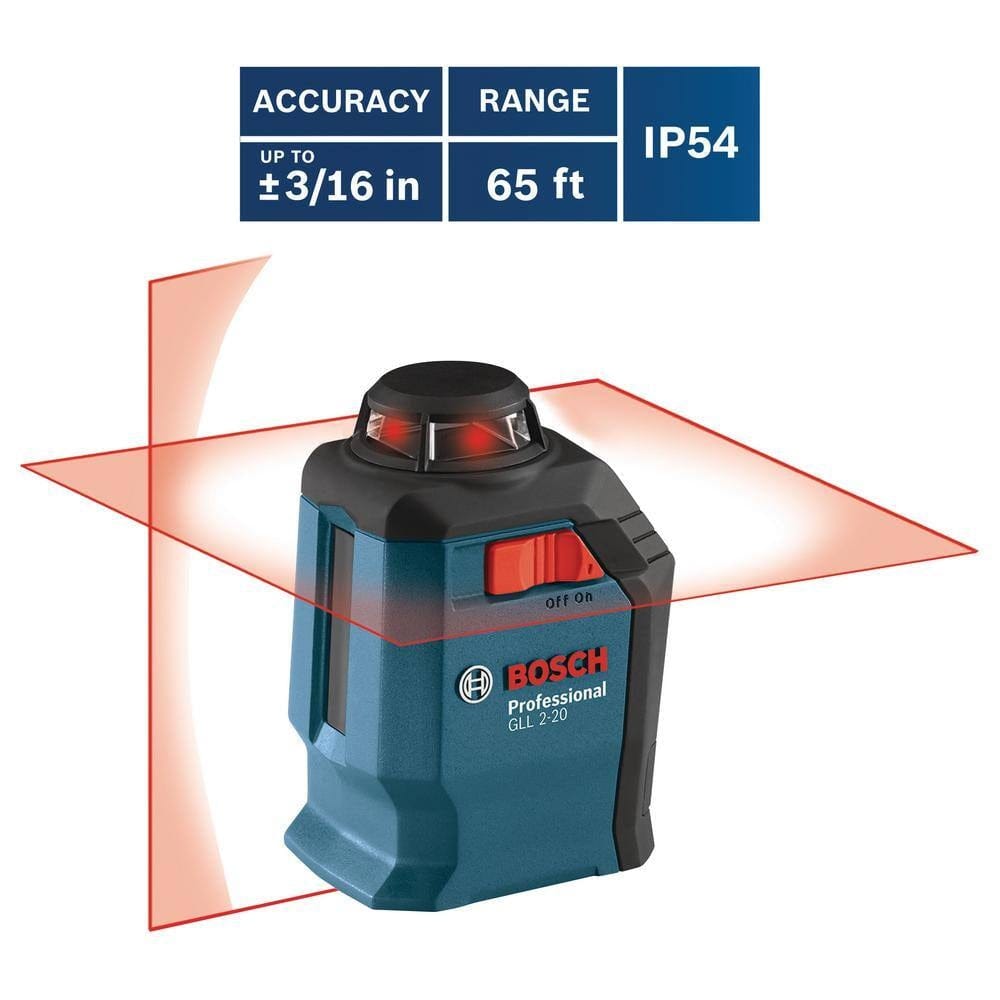 Infographic of the Bosch GLL 2-20 cross-line laser showing a 65-foot range, ±3/16 inch accuracy, and IP54 water and dust protection rating.