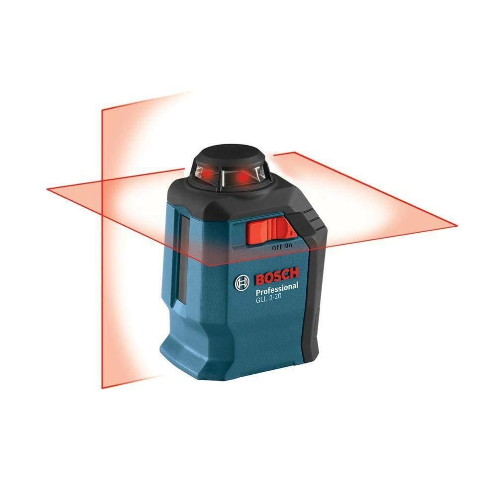 Bosch GLL 2-20 laser level emitting red 360-degree horizontal and vertical lines. Compact tool with rugged casing and side power switch labeled “off/on.” Designed for cross-line leveling in professional and home improvement applications.