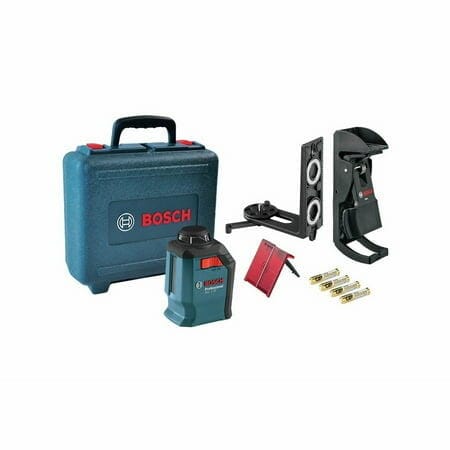 Bosch GLL 2-20 laser level kit including laser device, mounting bracket, target plate, wall plugs, screws, and carrying case. Components shown on a flat surface, illustrating a complete setup for precision leveling and alignment in construction or DIY projects.
