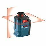 Bosch GLL 2-20 laser level projecting red horizontal and vertical cross lines onto adjacent surfaces. Compact blue and black device with red accents and Bosch Professional branding. Designed for self-leveling alignment in construction and interior layout tasks.