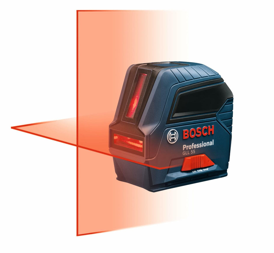 Bosch GLL 55 laser level projecting horizontal and vertical red beams in a cross-line pattern, shown on a rugged blue device.