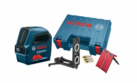 The complete Bosch GLL 55 cross-line laser level kit including the laser tool, a hard carrying case, a magnetic L-mount, a red target plate, and three AA batteries.