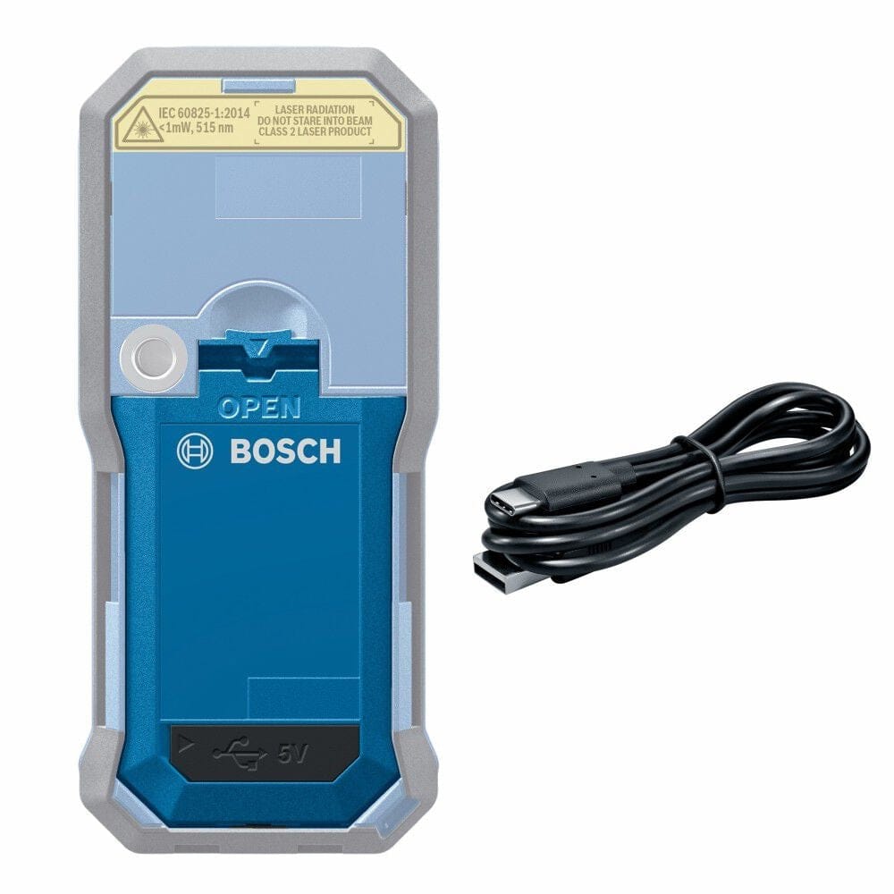 Bosch GLM-BAT 3.7V Lithium-Ion battery pack shown next to a black USB-A to USB-C charging cable used for powering Bosch BLAZE laser distance measures.