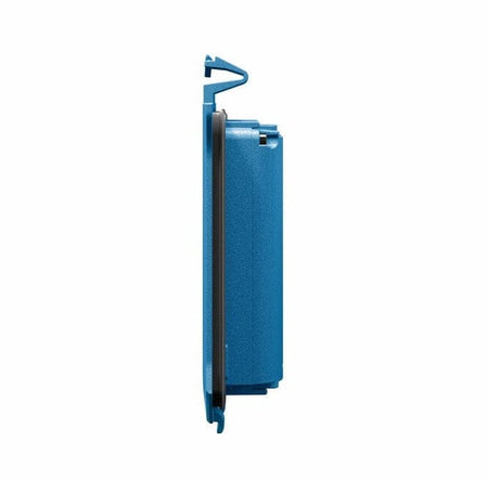 Side profile view of the slim Bosch GLM-BAT rechargeable battery pack highlighting the compact design and the top attachment clip for securing it into BLAZE laser measures.