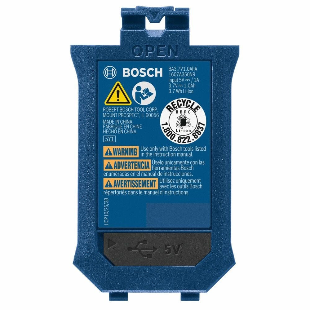 Front view of the Bosch GBA37V10 3.7V 1.0Ah Lithium-Ion battery pack showing the manufacturer label, safety warnings, and the protective cover for the 5V USB-C charging port.