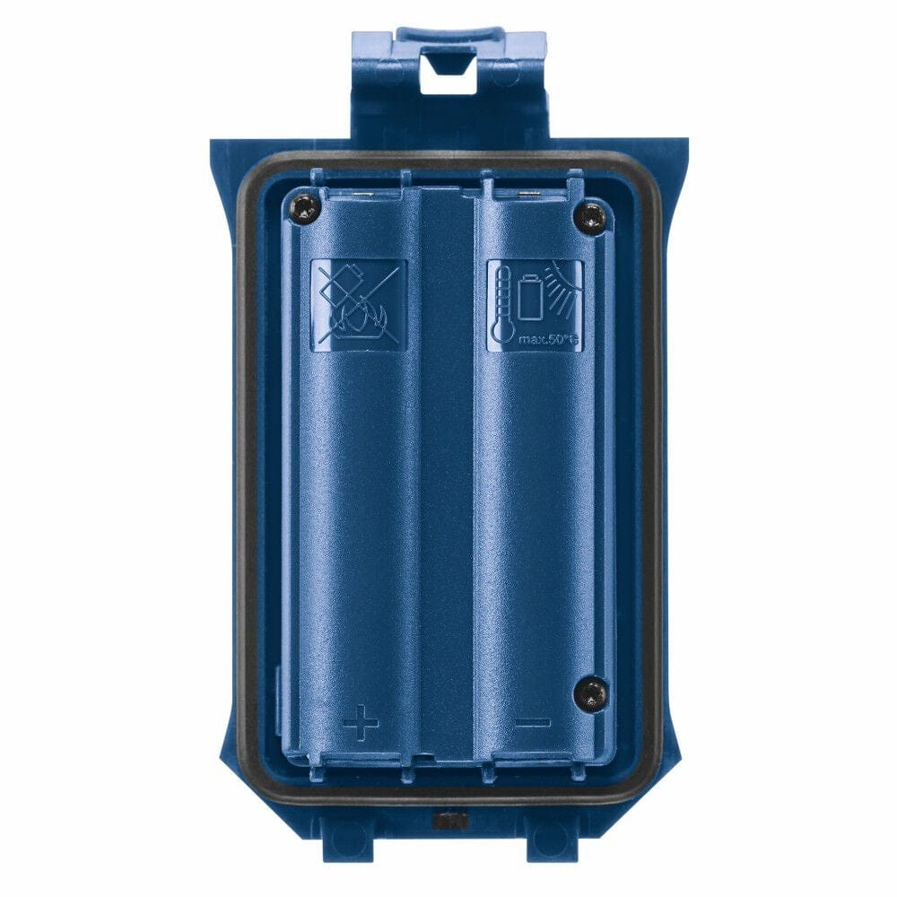 Back view of the Bosch GLM-BAT 3.7V Lithium-Ion battery pack showing the internal battery cells and rubber environmental seal for the battery compartment.