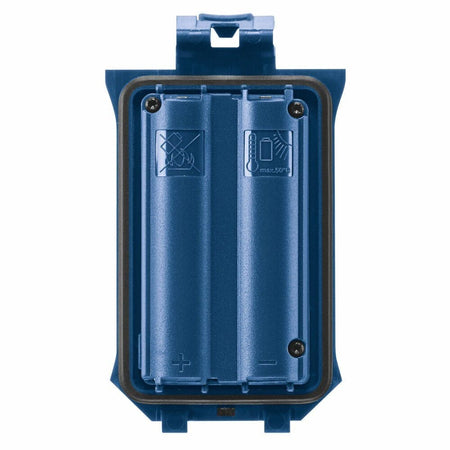 Back view of the Bosch GLM-BAT 3.7V Lithium-Ion battery pack showing the internal battery cells and rubber environmental seal for the battery compartment.