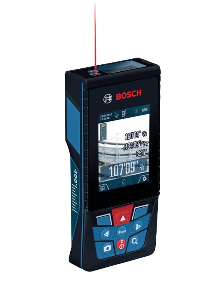 Bosch GLM400CL laser measure displaying multiple distance readings on screen; red laser beam projects from top of device.