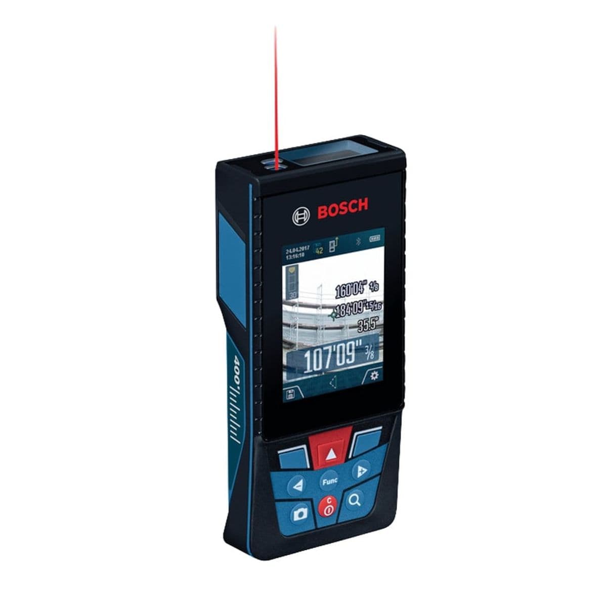 Bosch GLM400CL laser measure displaying multiple distance readings on screen; red laser beam projects from top of device.