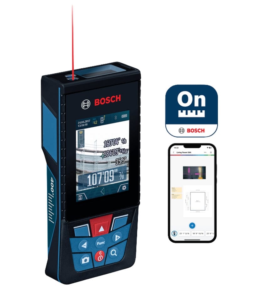 Bosch GLM400CL laser measure next to smartphone with Bosch app; screen shows angles and measurement data with red laser beam.